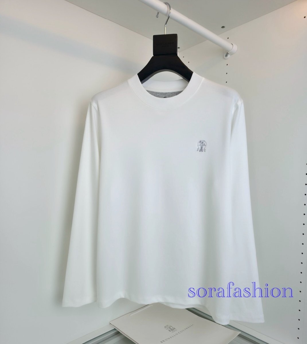 BRUNELLO CUCINELLI(ブルネロ クチネリ) メンズトレーナー 長袖T-シャツ トップス ホワイト L 丸首 クルーネック 刺繍ロゴ 無地 コットン拍卖