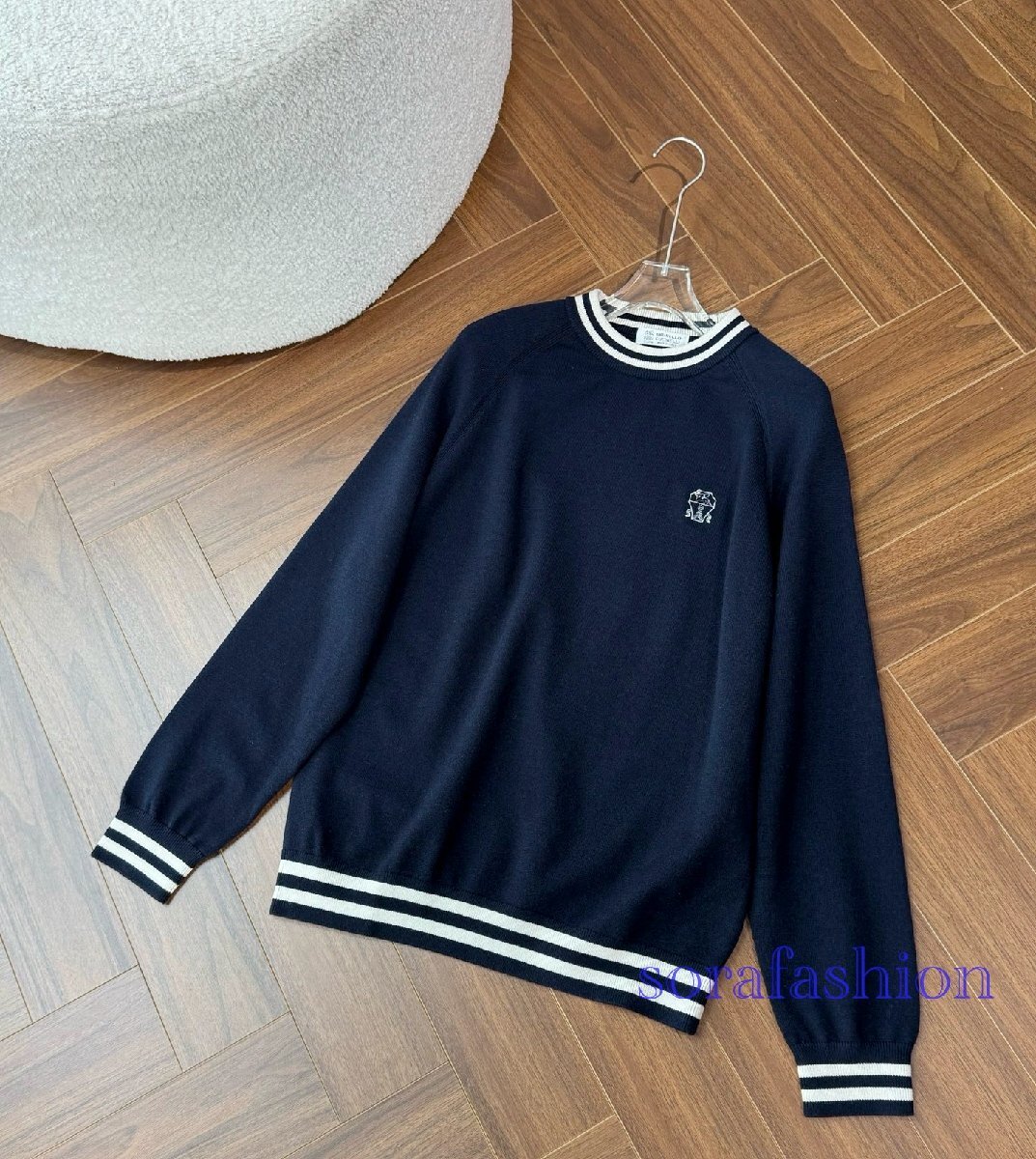 BRUNELLO CUCINELLIブルネロ クチネリ メンズニットセーター 長袖ニットT-シャツ ネイビー 48サイズ トップス ウール 丸首 クルーネック拍卖