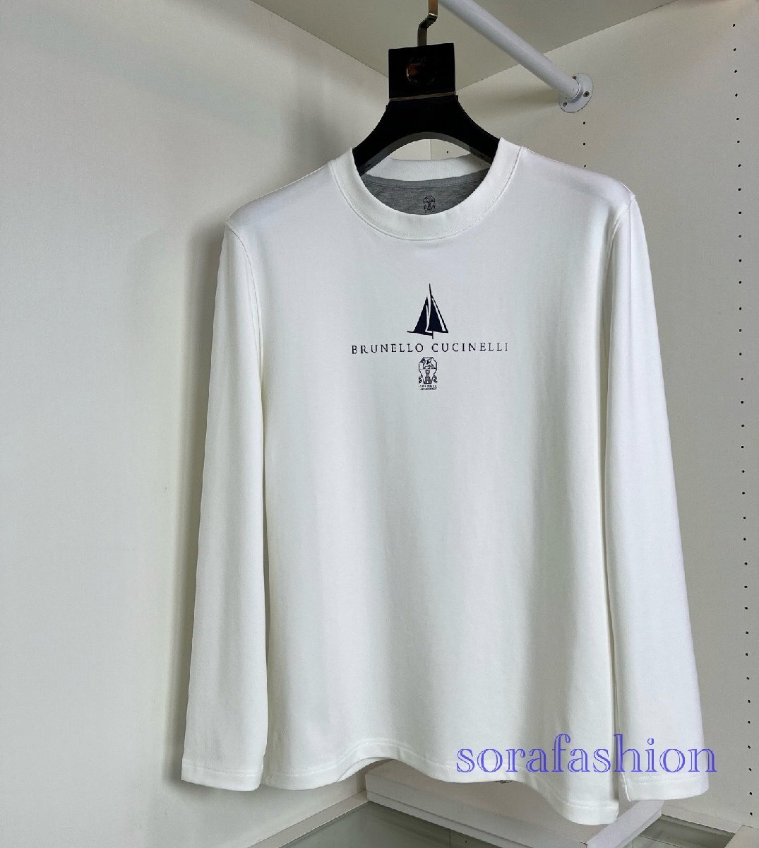 BRUNELLO CUCINELLI(ブルネロ クチネリ) メンズ長袖T-シャツ トップス トレーナー ホワイト XLサイズ 丸首 カットソー 綿 クルーネック拍卖
