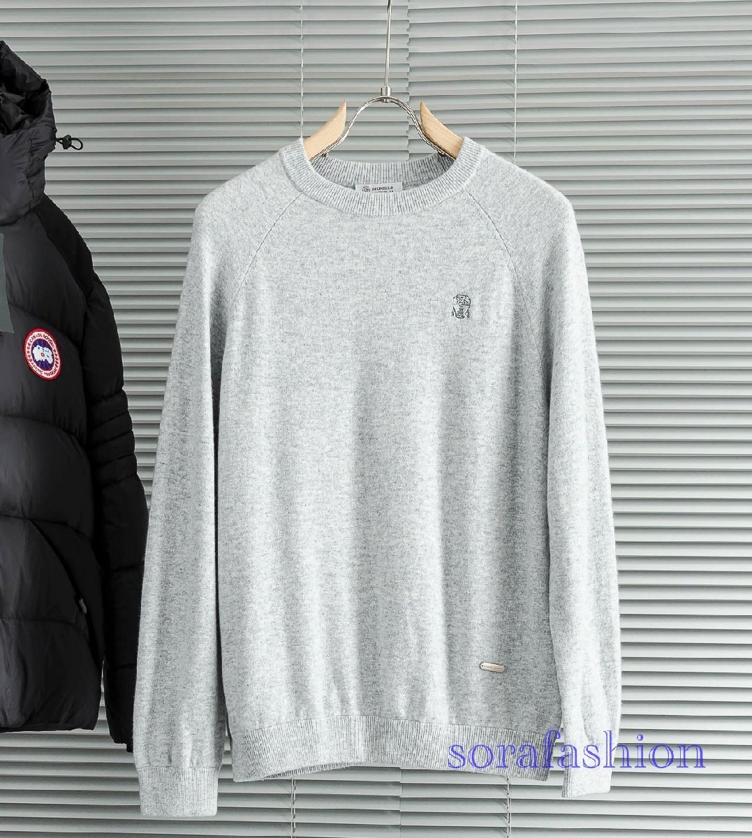 BRUNELLO CUCINELLIブルネロ クチネリ メンズニットT-シャツ ニットセーター グレー 3XL トップス ニットカットソー ウール 丸首 秋冬物拍卖