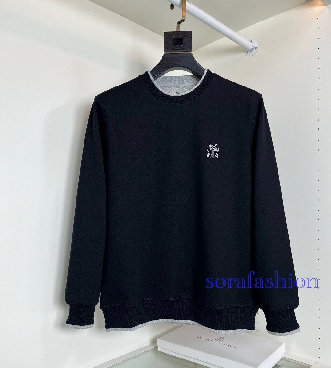 BRUNELLO CUCINELLI(ブルネロ クチネリ) メンズスウェット プルオーバー スポーツウェア ブラック Lサイズ トップス 丸首 長袖T-シャツ 綿拍卖