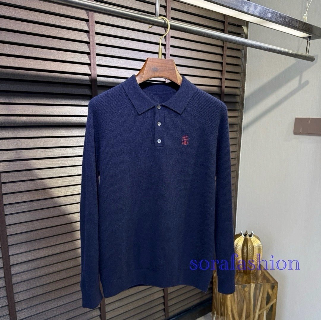 BRUNELLO CUCINELLI ブルネロ クチネリ メンズニットポロT-シャツ ニットセーター ネイビー Mサイズ トップス 紳士服 ウール 長袖T-シャツ拍卖