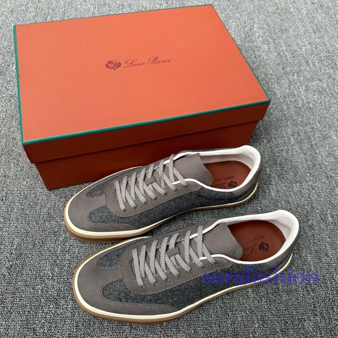 Loro Piana ロロピアーナ メンズスニーカー グレー EU44サイズ スエード ワニ柄本革 ウォーキングシューズ ローカット スポーツ靴 紳士着拍卖