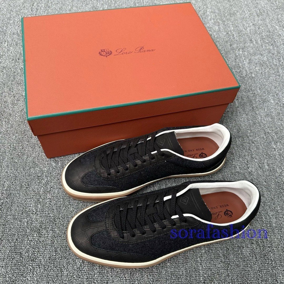 Loro Piana ロロピアーナ メンズスニーカー ブラック EU44サイズ スエード ワニ柄本革 ウォーキングシューズ ローカット スポーツ靴 紳士拍卖