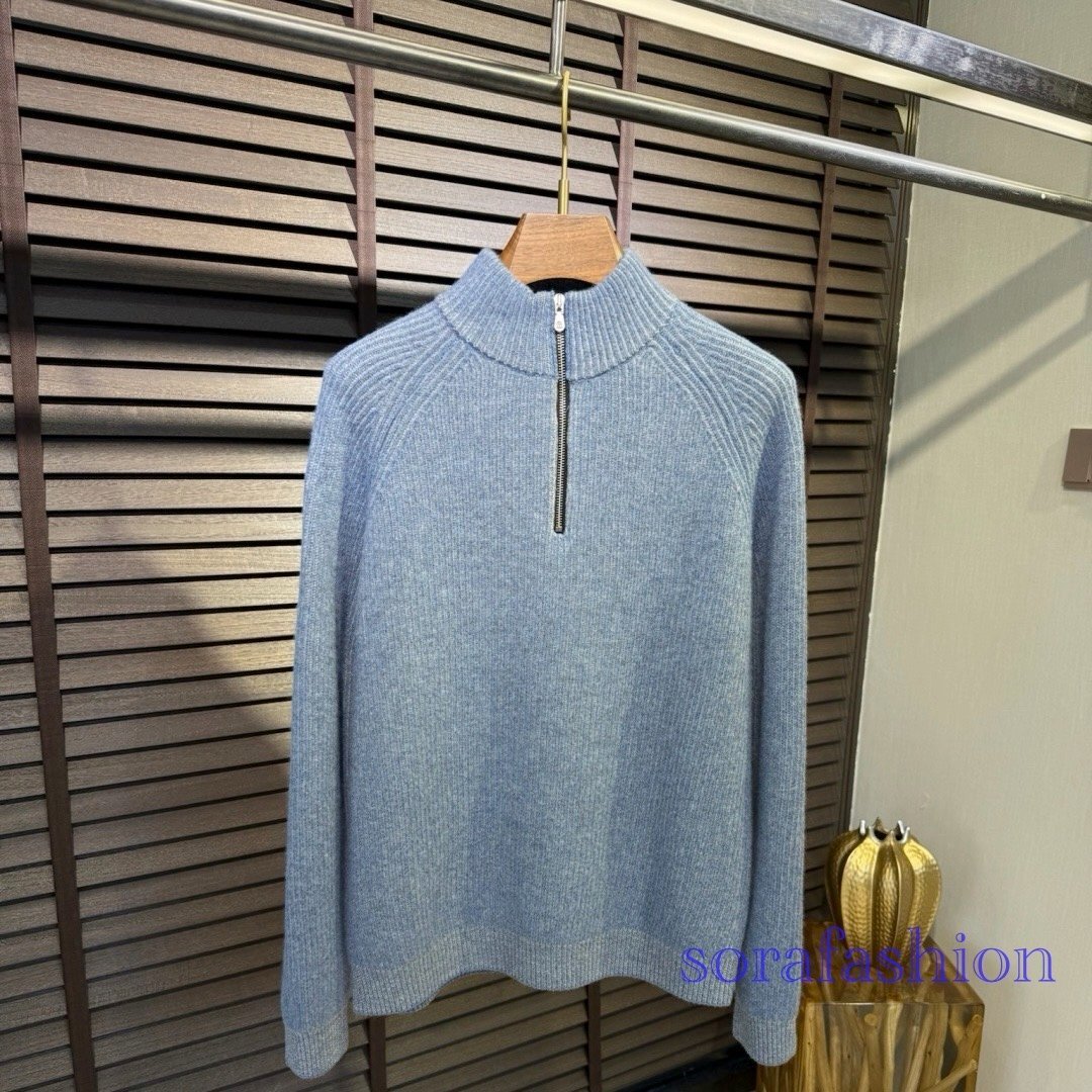 BRUNELLO CUCINELLI ブルネロ クチネリ メンズニットパーカー ライトブルー Lサイズ トップス ニットセーター 長袖 プルオーバー ウール拍卖