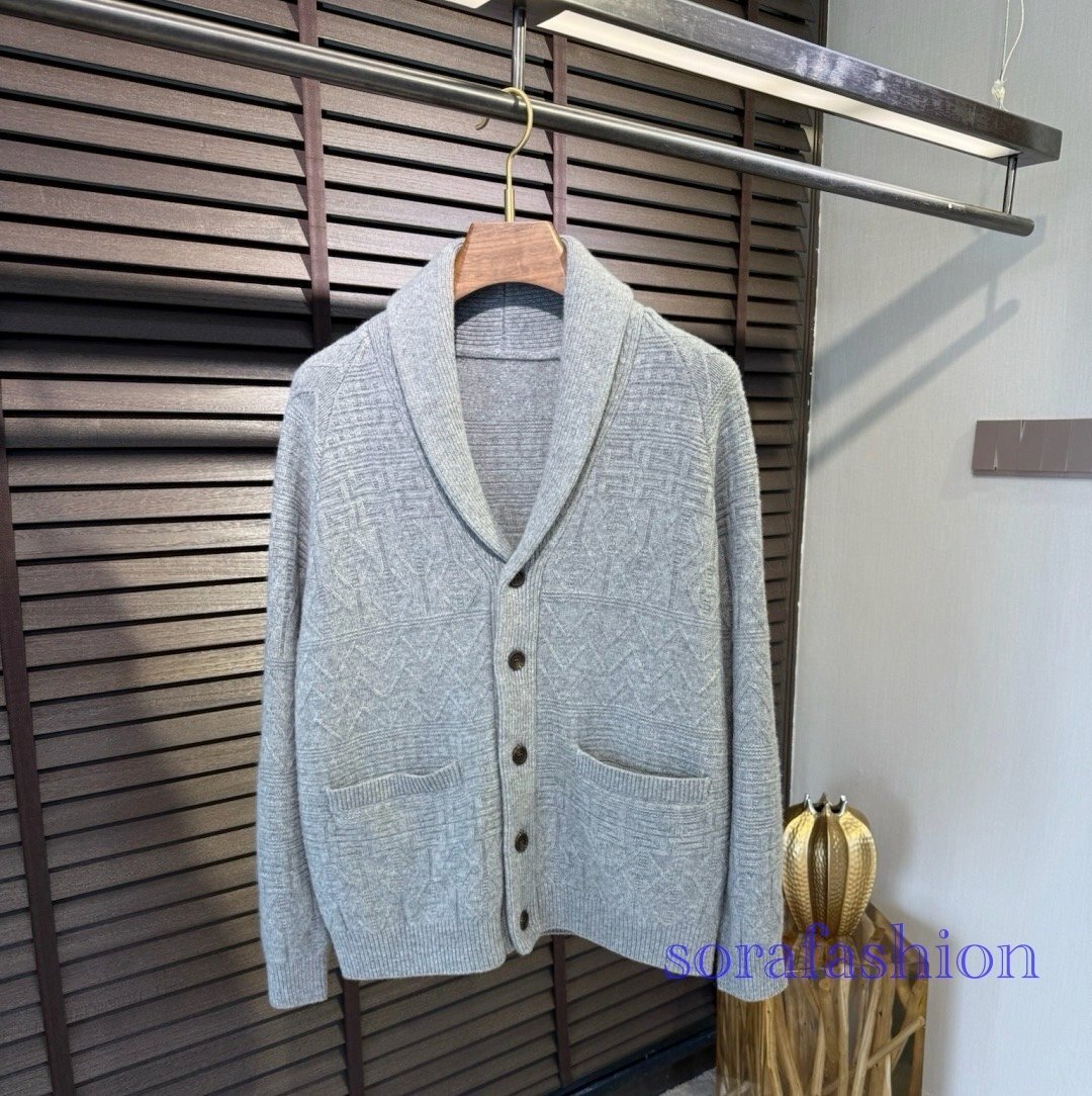 BRUNELLO CUCINELLI ブルネロ クチネリ メンズニットカーディガン 羽織 ニットセーター グレー 2XL アウター ジャケット ジャガード ウール拍卖