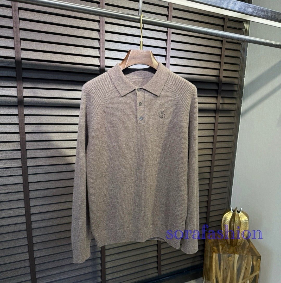 BRUNELLO CUCINELLI ブルネロ クチネリ メンズニットポロT-シャツ ニットセーター キャメル Lサイズ トップス 紳士服 ウール 長袖T-シャツ拍卖