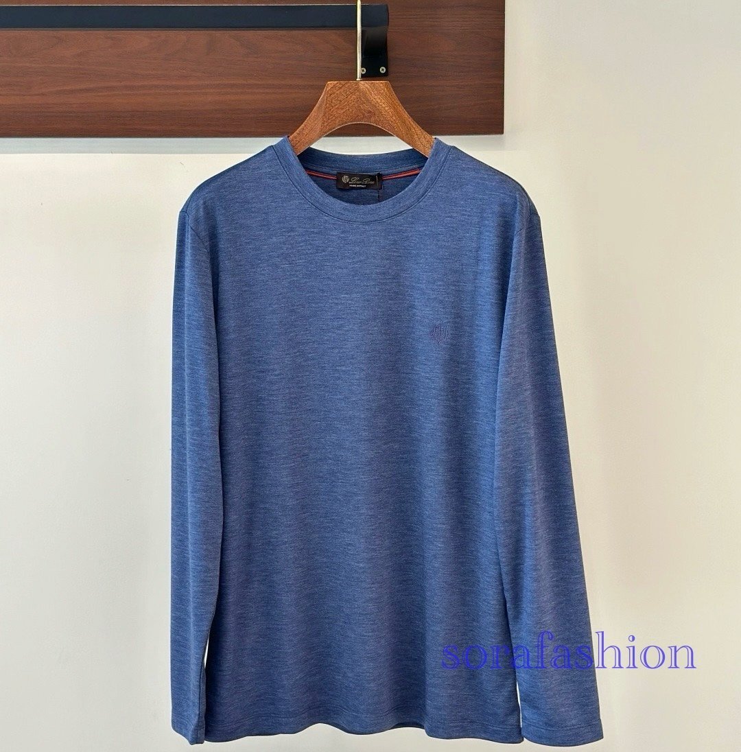 Loro Piana ロロピアーナ メンズT-シャツ 長袖 トレーナー クルーネック ブルー Lサイズ トップス 丸首 刺繍ロゴ 秋物 コットン 紳士服拍卖