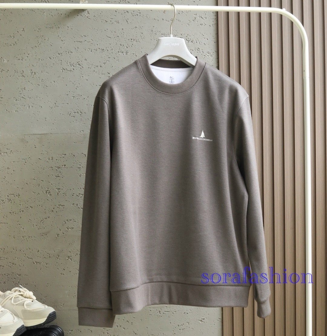 BRUNELLO CUCINELLI(ブルネロ クチネリ) メンズ長袖T-シャツ トレーナー トップス 褐色 3XL 丸首 クルーネック ウール/シルク入 裏起毛拍卖