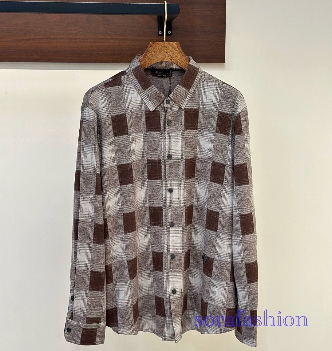 Loro Piana ロロピアーナ メンズ長袖シャツ カジュアルシャツ ブラウン チェック柄 48サイズ トップス ウール入り 紳士服 秋物拍卖