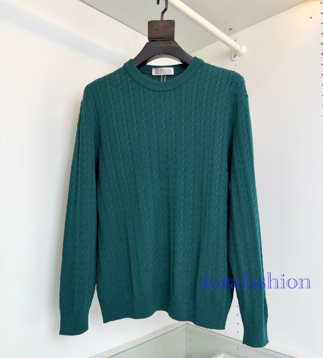 BRUNELLO CUCINELLIブルネロ クチネリ メンズニットセーター 長袖T-シャツ グリーン M トップス クルーネック 秋物 ケーブル編み トップス拍卖