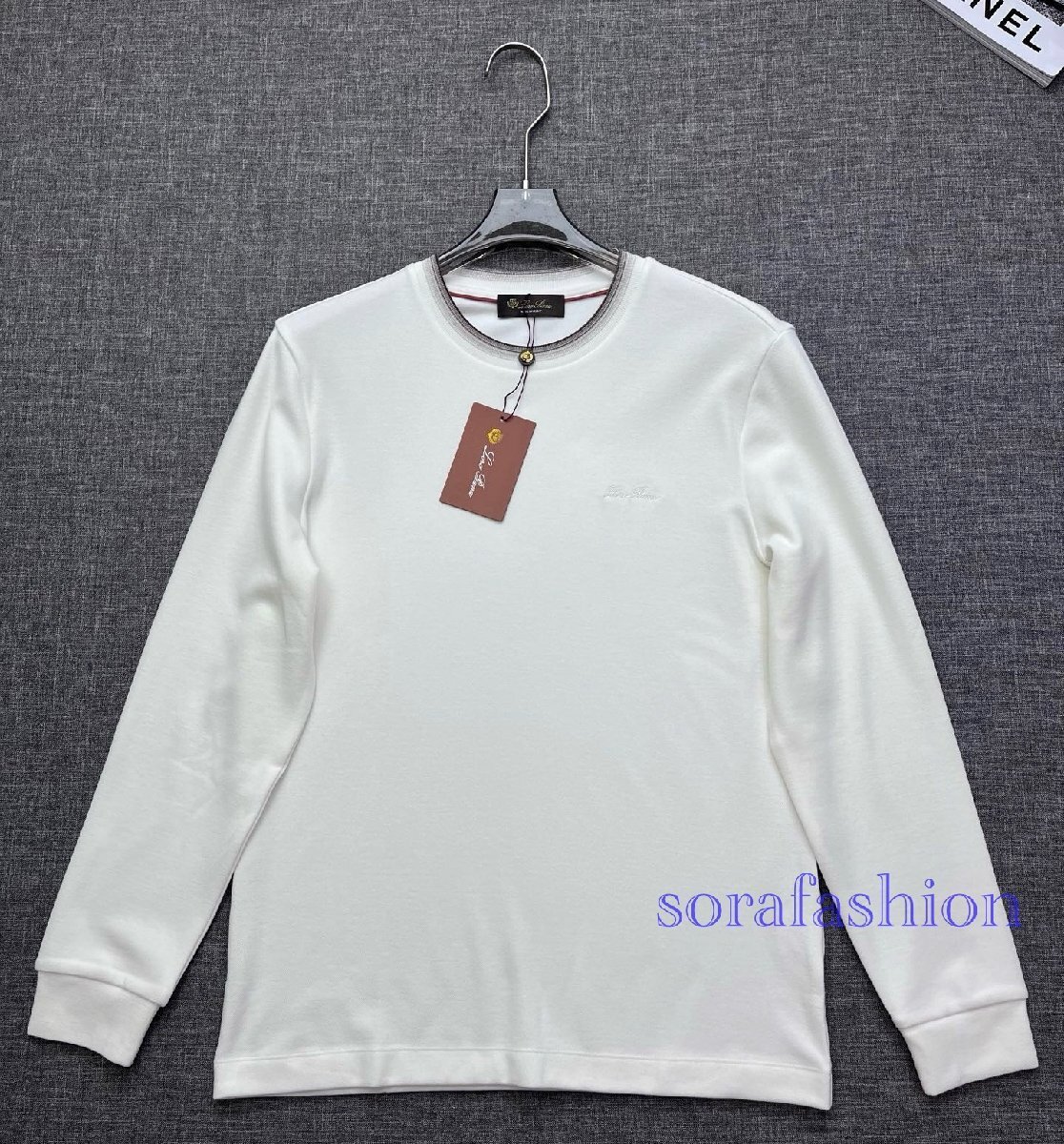 Loro Piana ロロピアーナ メンズ長袖T-シャツ トレーナー クルーネック ホワイト Mサイズ トップス 丸首 カットソー コットン 紳士服 秋物拍卖