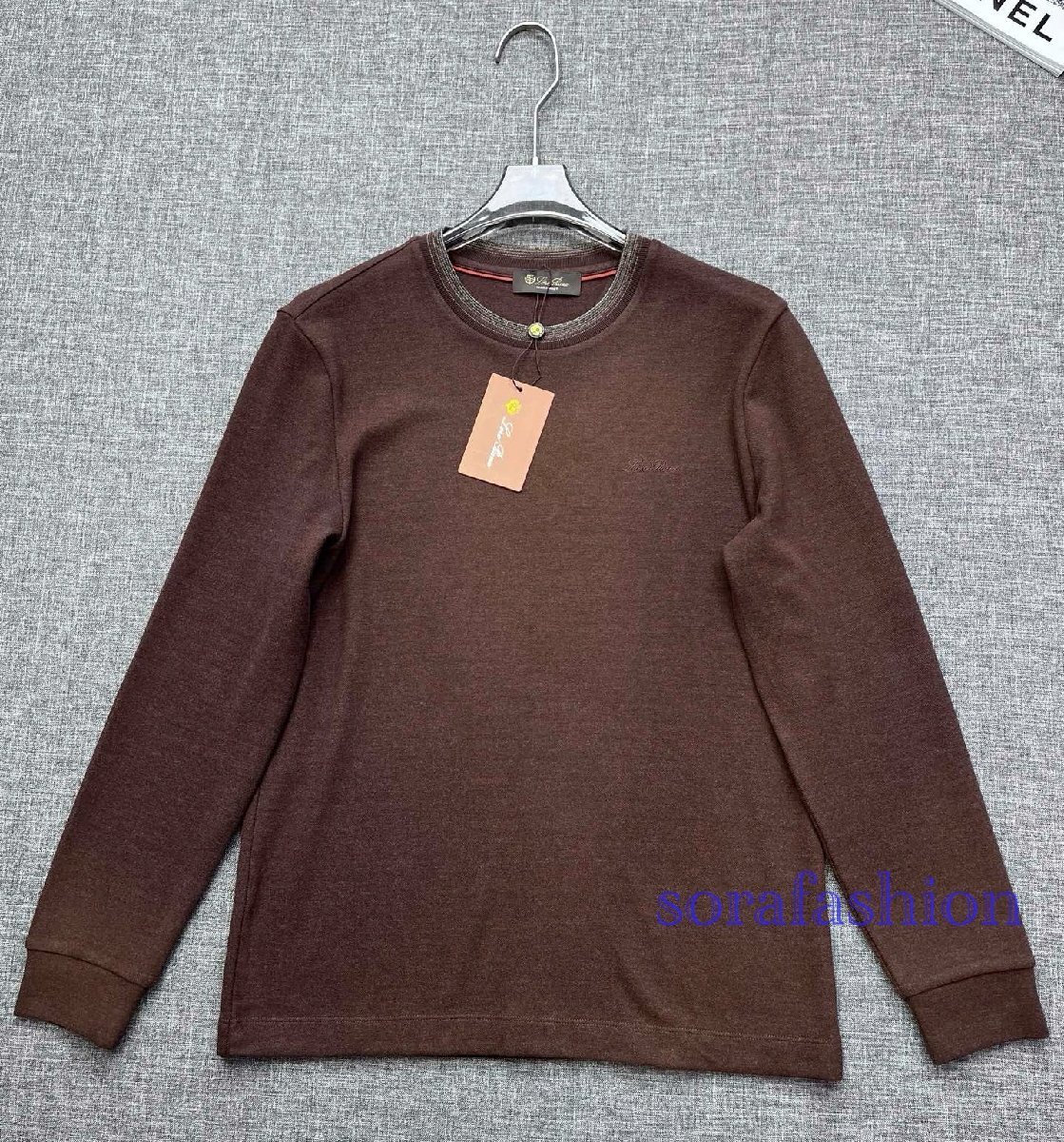 Loro Piana ロロピアーナ メンズ長袖T-シャツ トレーナー クルーネック コーヒー3XLサイズ トップス 丸首 カットソー コットン 紳士服 秋物拍卖