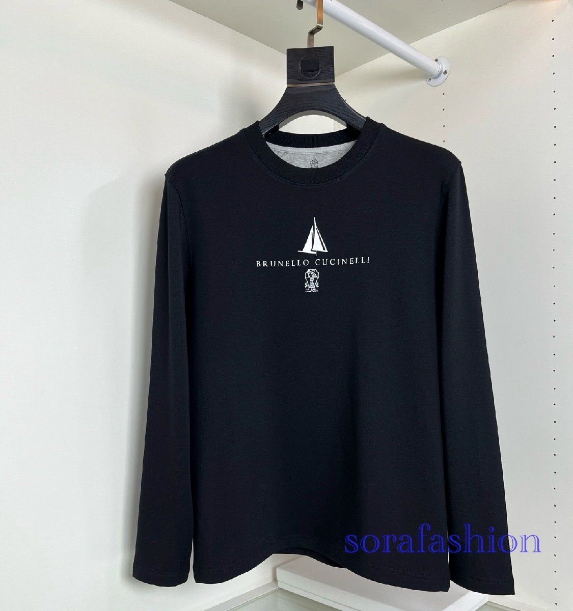 BRUNELLO CUCINELLI(ブルネロ クチネリ) メンズ長袖T-シャツ トップス トレーナー ブラック XLサイズ 丸首 カットソー 綿 クルーネック拍卖