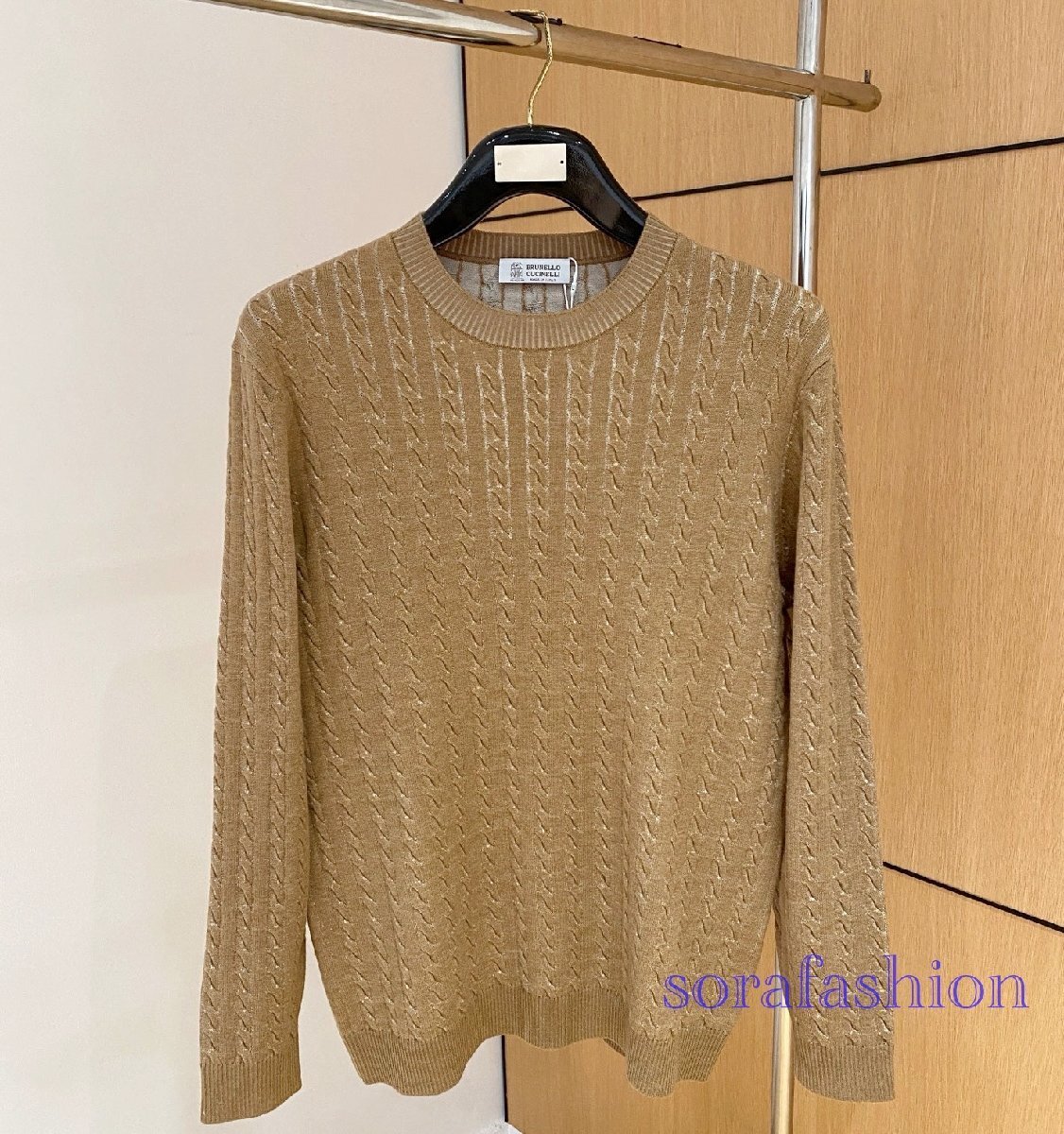 BRUNELLO CUCINELLI ブルネロ クチネリ メンズニットT-シャツ ニットセーター 長袖 カーキ 52サイズ トップス 丸首 紳士服 ケーブル柄 綿拍卖