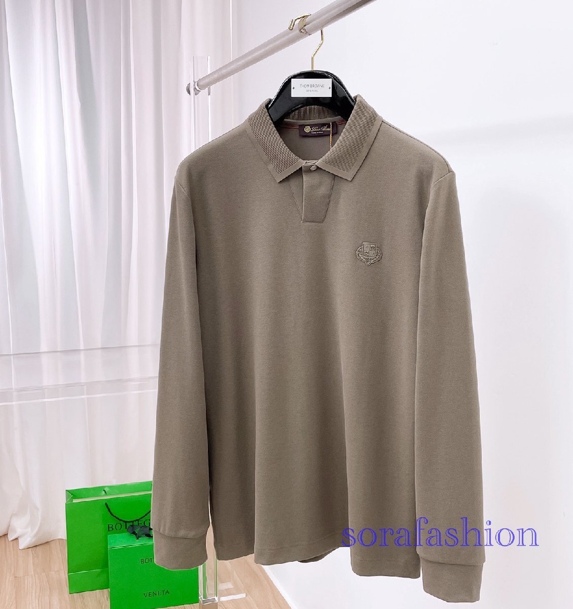 Loro Piana ロロピアーナ メンズ長袖ポロシャツ T-シャツ グリーン Lサイズ トップス カットソー 無地 紳士服 コットン 秋物 シンプル拍卖