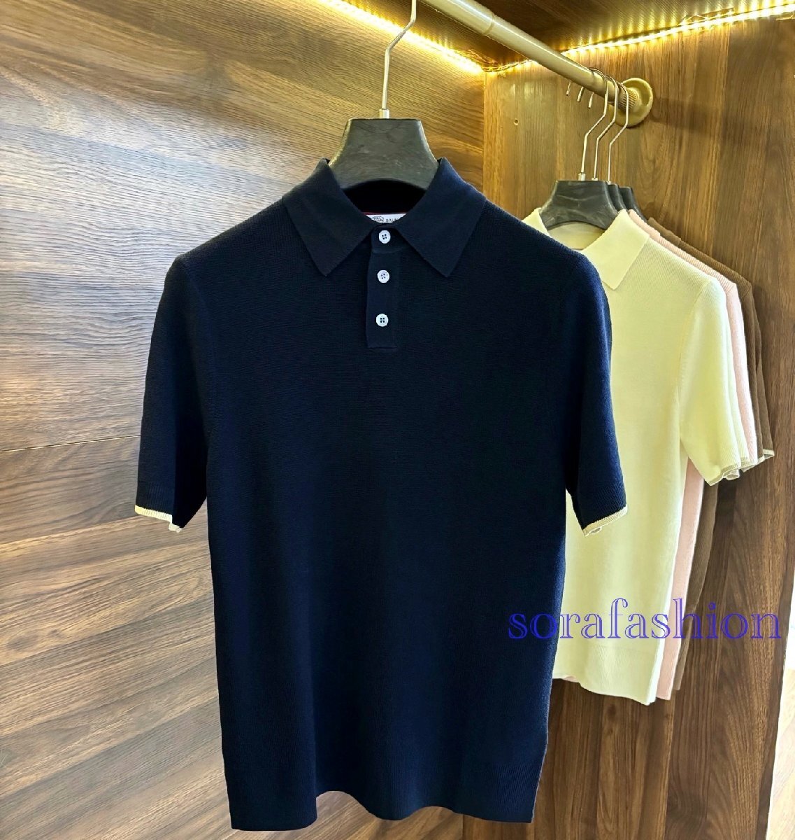 BRUNELLO CUCINELLIブルネロ クチネリ メンズニットポロシャツ 半袖T-シャツ ネイビー 2XLサイズ トップス ウール・綿 夏物 無地 紳士服拍卖
