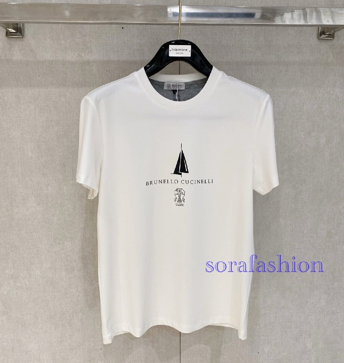 BRUNELLO CUCINELLI(ブルネロ クチネリ) メンズ半袖T-シャツ クルーネック ホワイト M トップス カットソー 綿 丸首 プリントロゴ 夏物拍卖