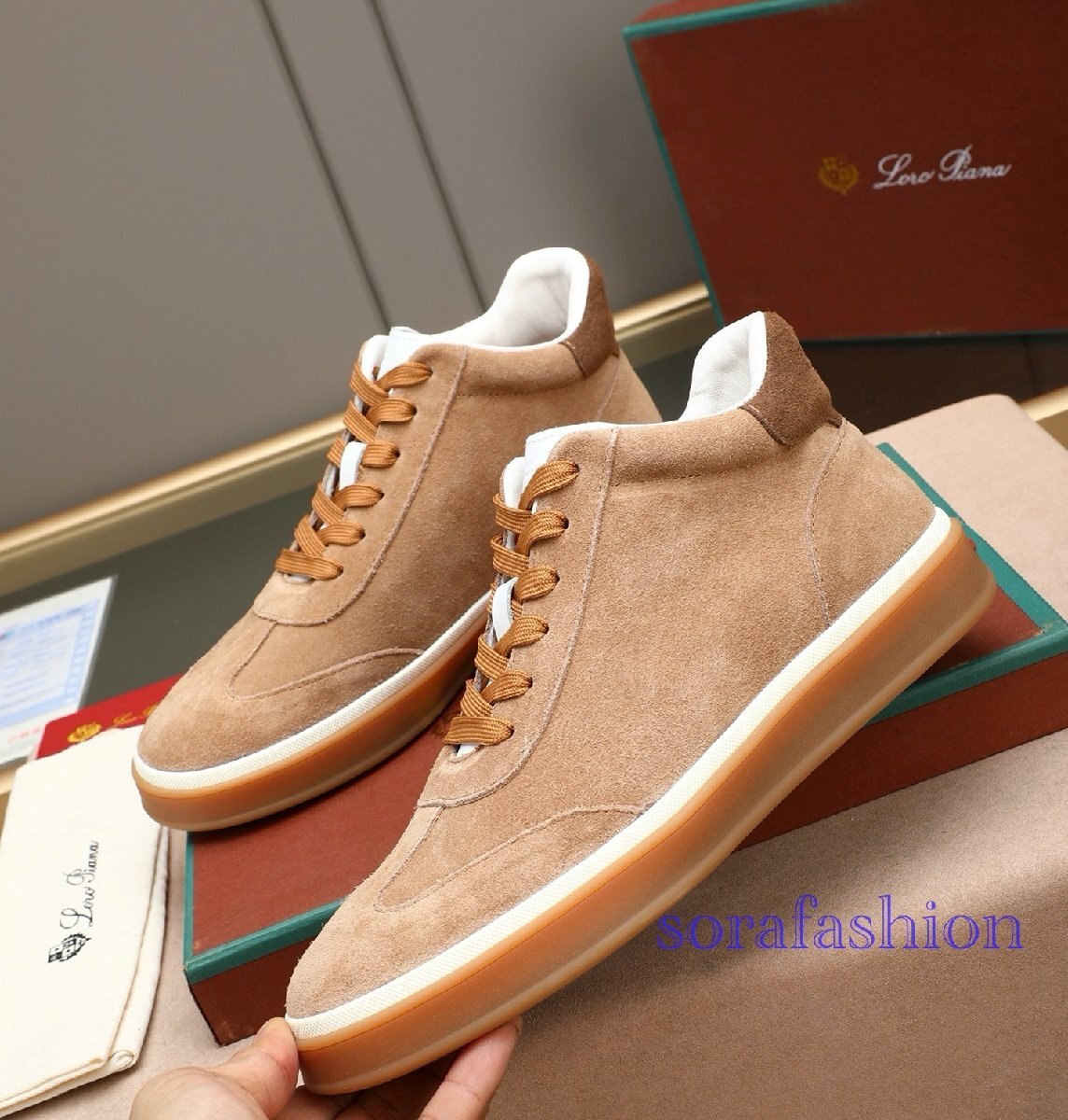 Loro Piana ロロピアーナ メンズスニーカー ウォーキングシューズ ブラウン EU42サイズ 本革 スエード ハイカット スポーツ 紳士靴拍卖