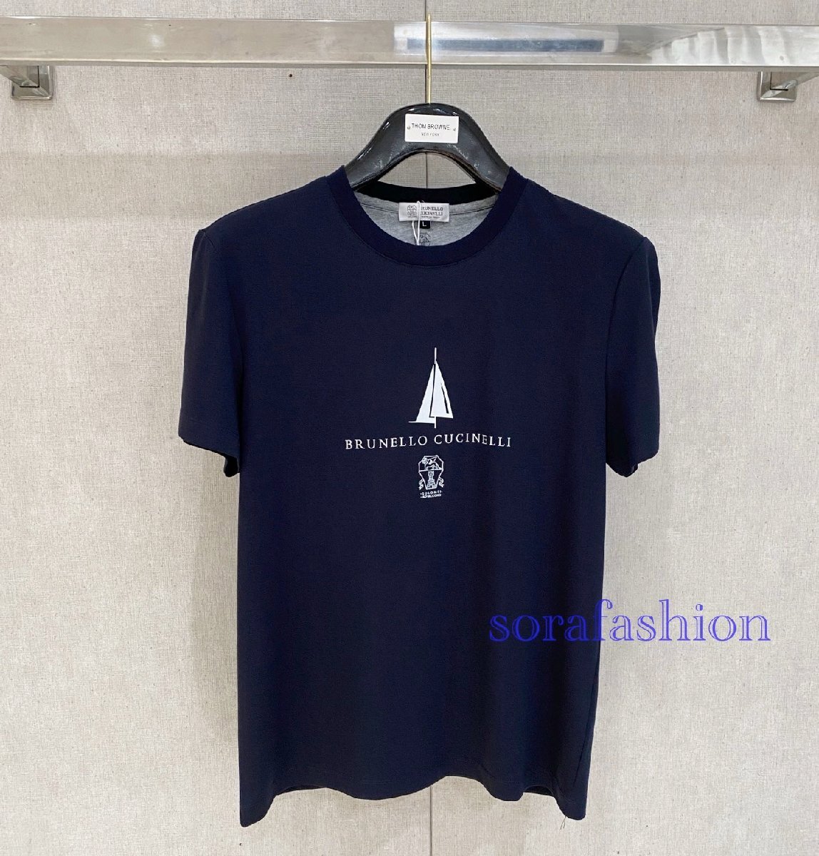 BRUNELLO CUCINELLI(ブルネロ クチネリ) メンズ半袖T-シャツ クルーネック ネイビー 2XL トップス カットソー 綿 丸首 プリントロゴ 夏物拍卖