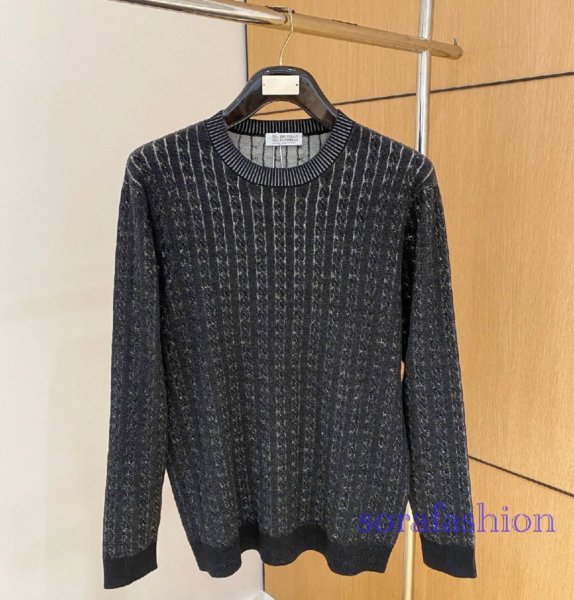 BRUNELLO CUCINELLI ブルネロ クチネリ メンズニットT-シャツ ニットセーター 長袖 ブラック 50サイズ トップス 丸首 紳士服 ケーブル柄 綿拍卖