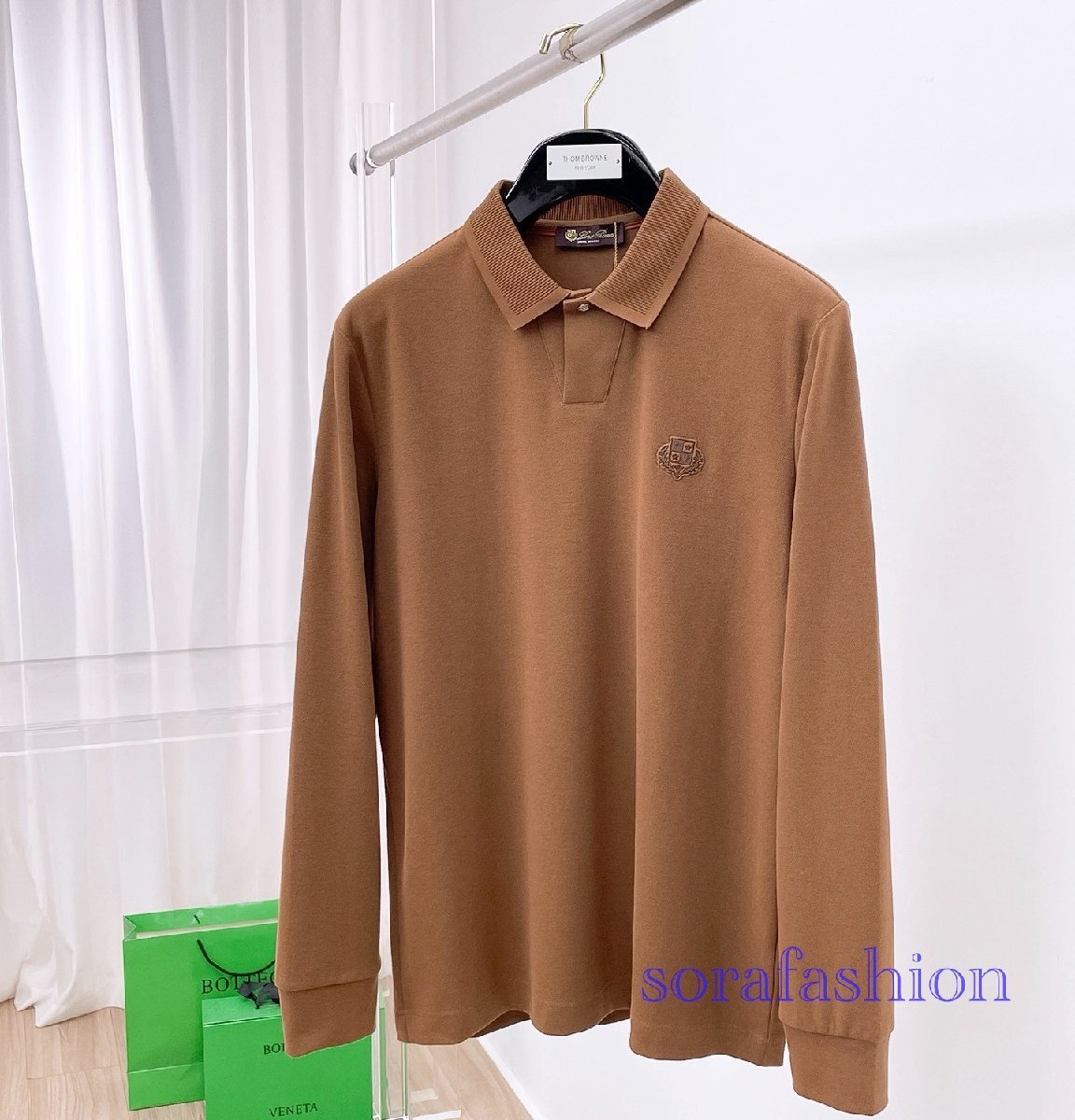 Loro Piana ロロピアーナ メンズ長袖ポロシャツ T-シャツ ブラウン Mサイズ トップス カットソー 無地 紳士服 コットン 秋物 シンプル拍卖