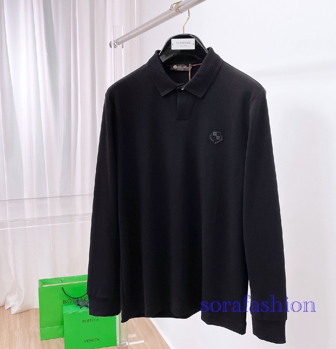 Loro Piana ロロピアーナ メンズ長袖ポロシャツ T-シャツ ブラック 4XLサイズ トップス カットソー 無地 紳士服 コットン 秋物 シンプル拍卖