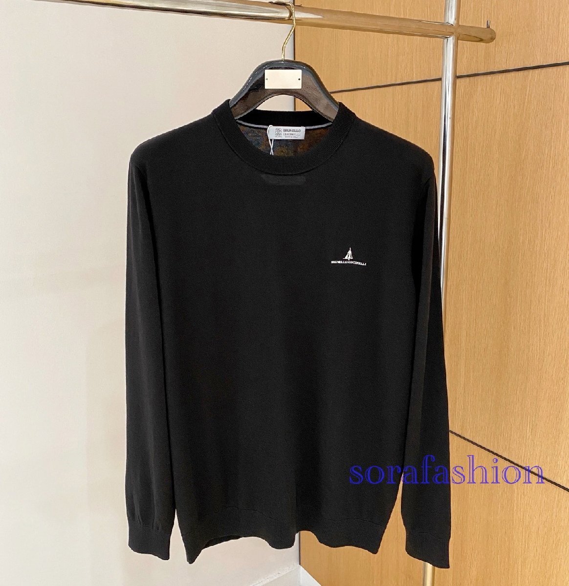 BRUNELLO CUCINELLI(ブルネロ クチネリ) メンズニットT-シャツ 長袖 トレーナー トップス ブラック 48 丸首 クルーネック 無地 コットン拍卖
