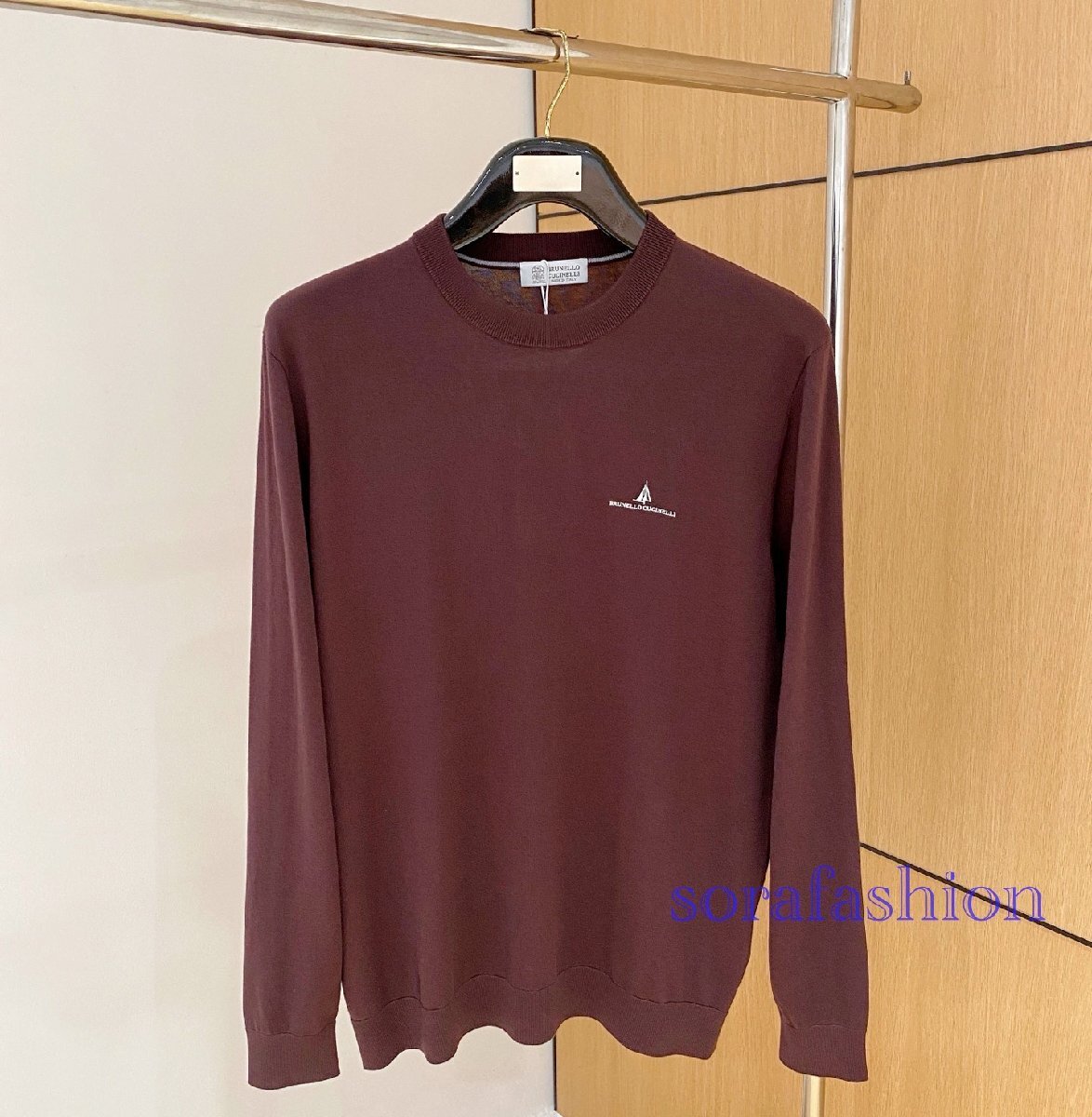 BRUNELLO CUCINELLI(ブルネロ クチネリ) メンズニットT-シャツ 長袖 トレーナー トップス ワイン 50 丸首 クルーネック 無地 コットン拍卖