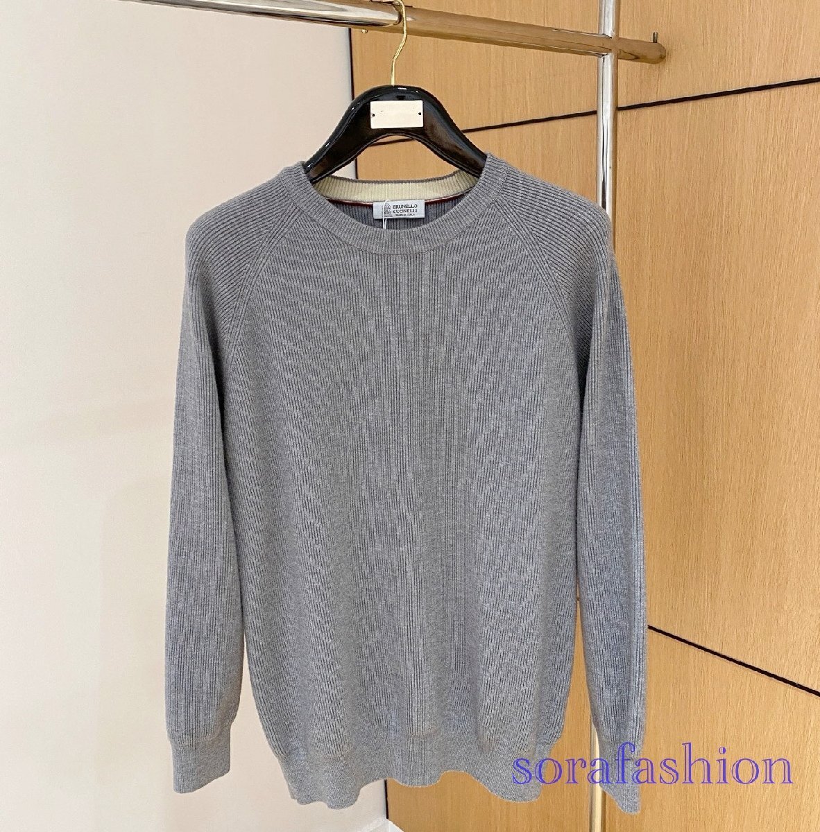 BRUNELLO CUCINELLIブルネロ クチネリ メンズニットT-シャツ ニットセーター 長袖 グレー 54サイズ トップス 秋物 丸首 紳士服 カジュアル拍卖