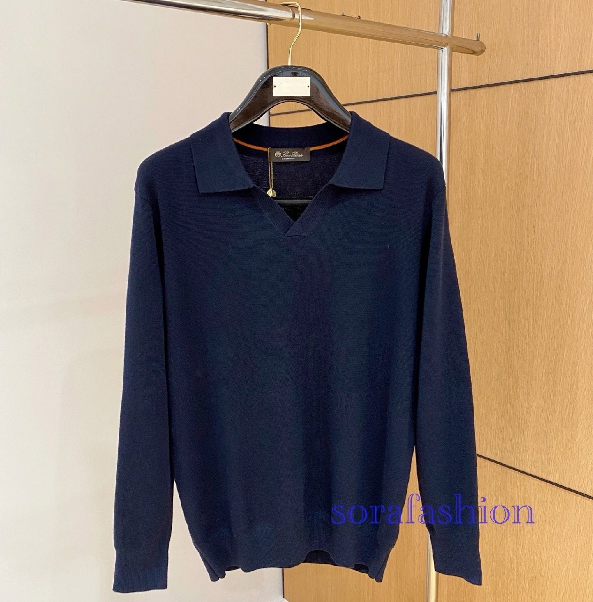 Loro Piana ロロピアーナ メンズニットポロシャツ 長袖T-シャツ ネイビー 48サイズ トップス ニットカットソー コットン 無地 シンプル拍卖