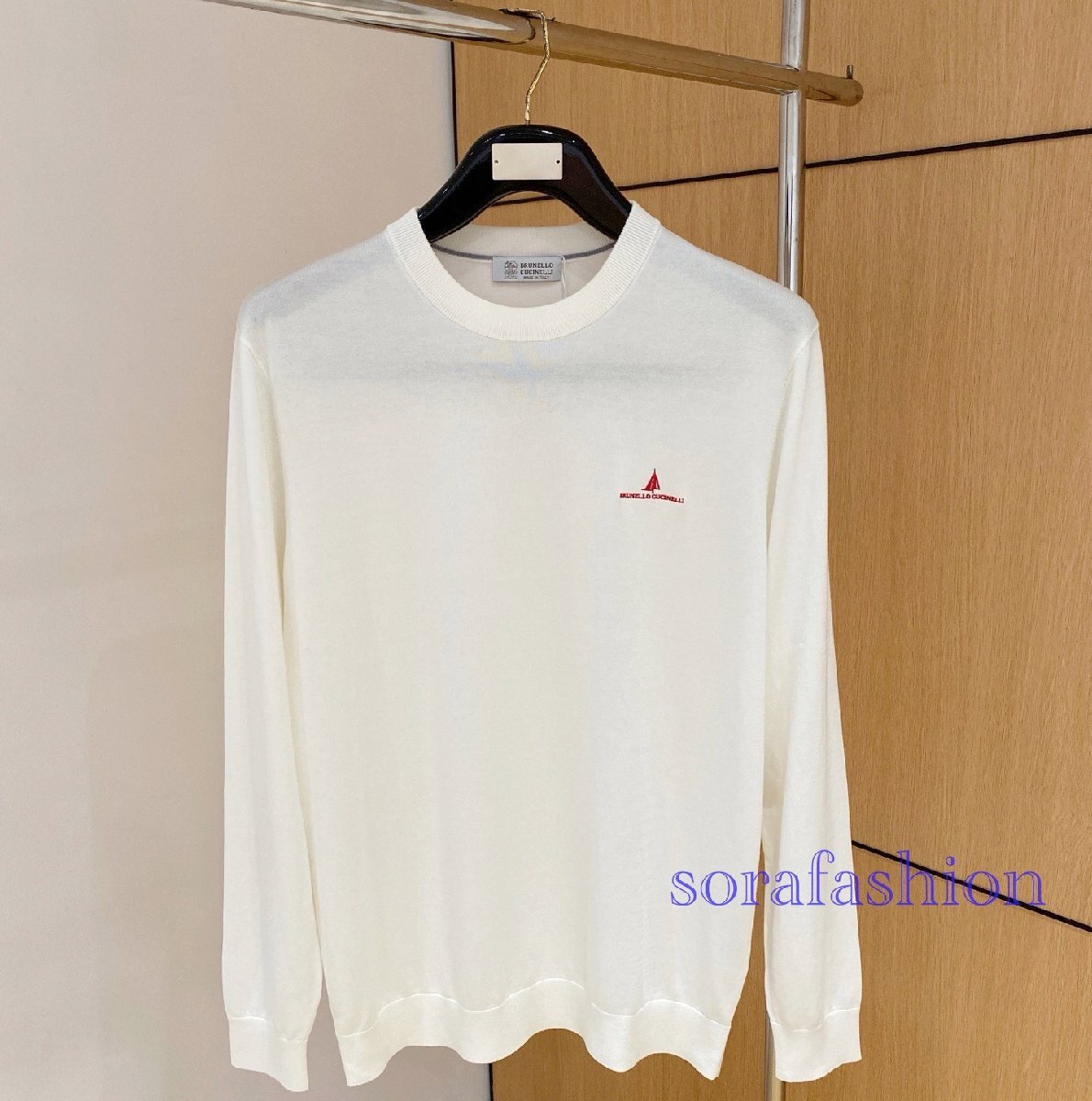 BRUNELLO CUCINELLI(ブルネロ クチネリ) メンズニットT-シャツ 長袖 トレーナー トップス ホワイト 52 丸首 クルーネック 無地 コットン拍卖