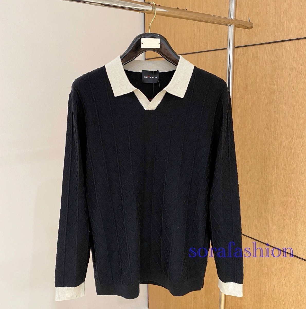 KITON キトン メンズニットポロシャツ 長袖T-シャツ トップス ブラック 48サイズ ニットカットソー 紳士服 ジャガード柄 通気吸湿拍卖