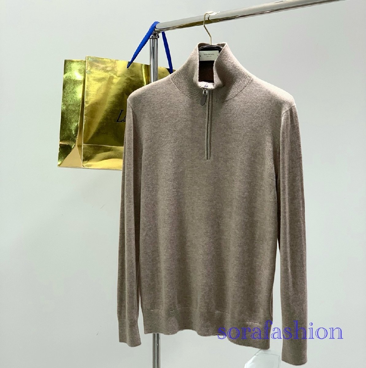 Loro Piana ロロピアーナ メンズニットセーター 長袖T-シャツ カーキ 2XLサイズ トップス ファスナー付 ウール ハイネック 紳士服 秋物拍卖