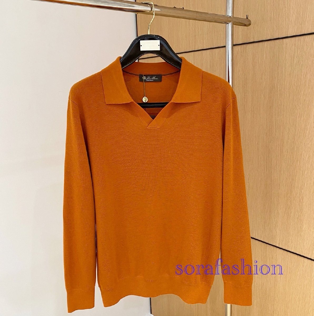 Loro Piana ロロピアーナ メンズニットポロシャツ 長袖T-シャツ オレンジ 52サイズ トップス ニットカットソー コットン 無地 シンプル拍卖