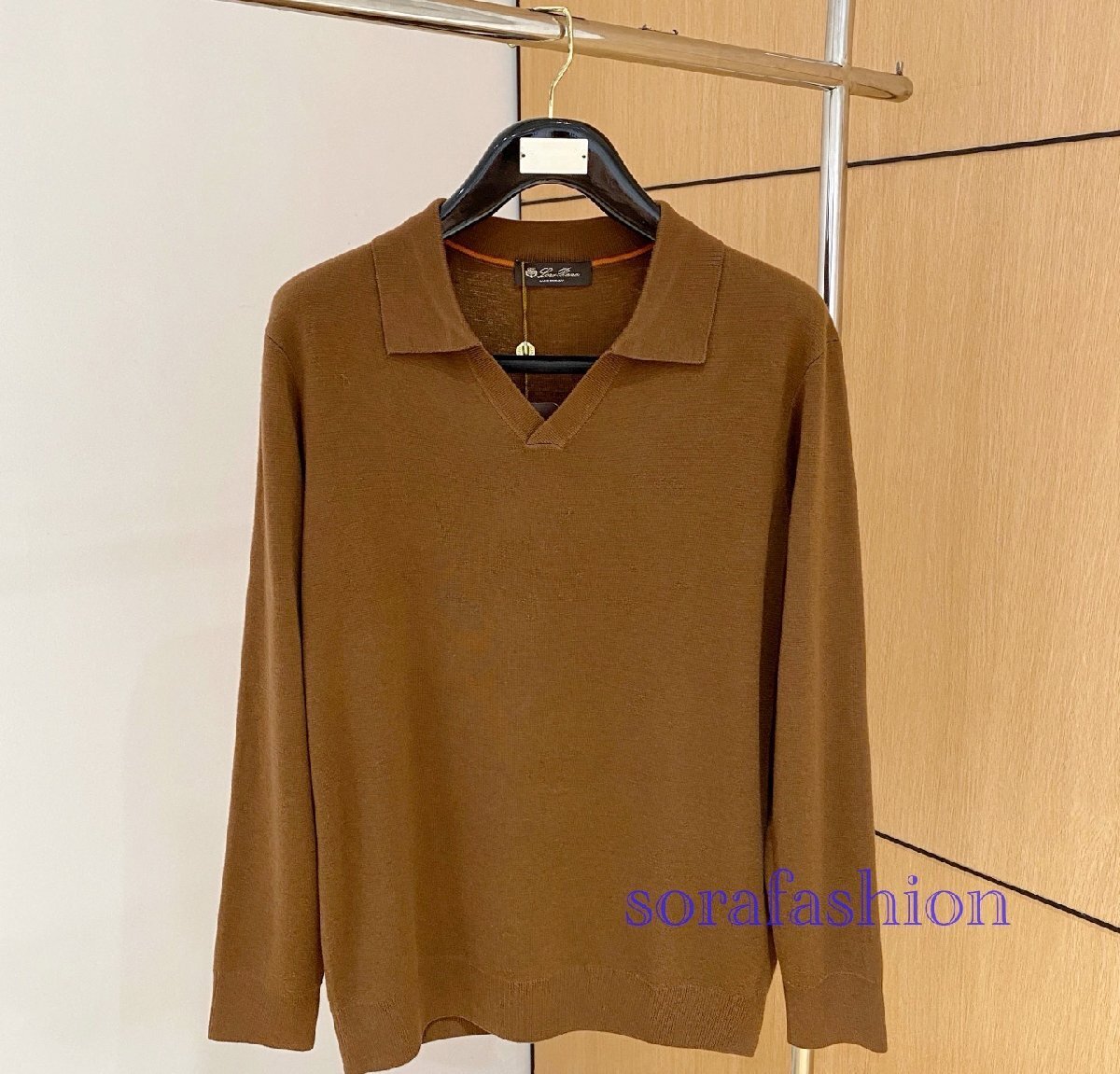 Loro Piana ロロピアーナ メンズニットポロシャツ 長袖T-シャツ ブラウン 48サイズ トップス ニットカットソー コットン 無地 シンプル拍卖