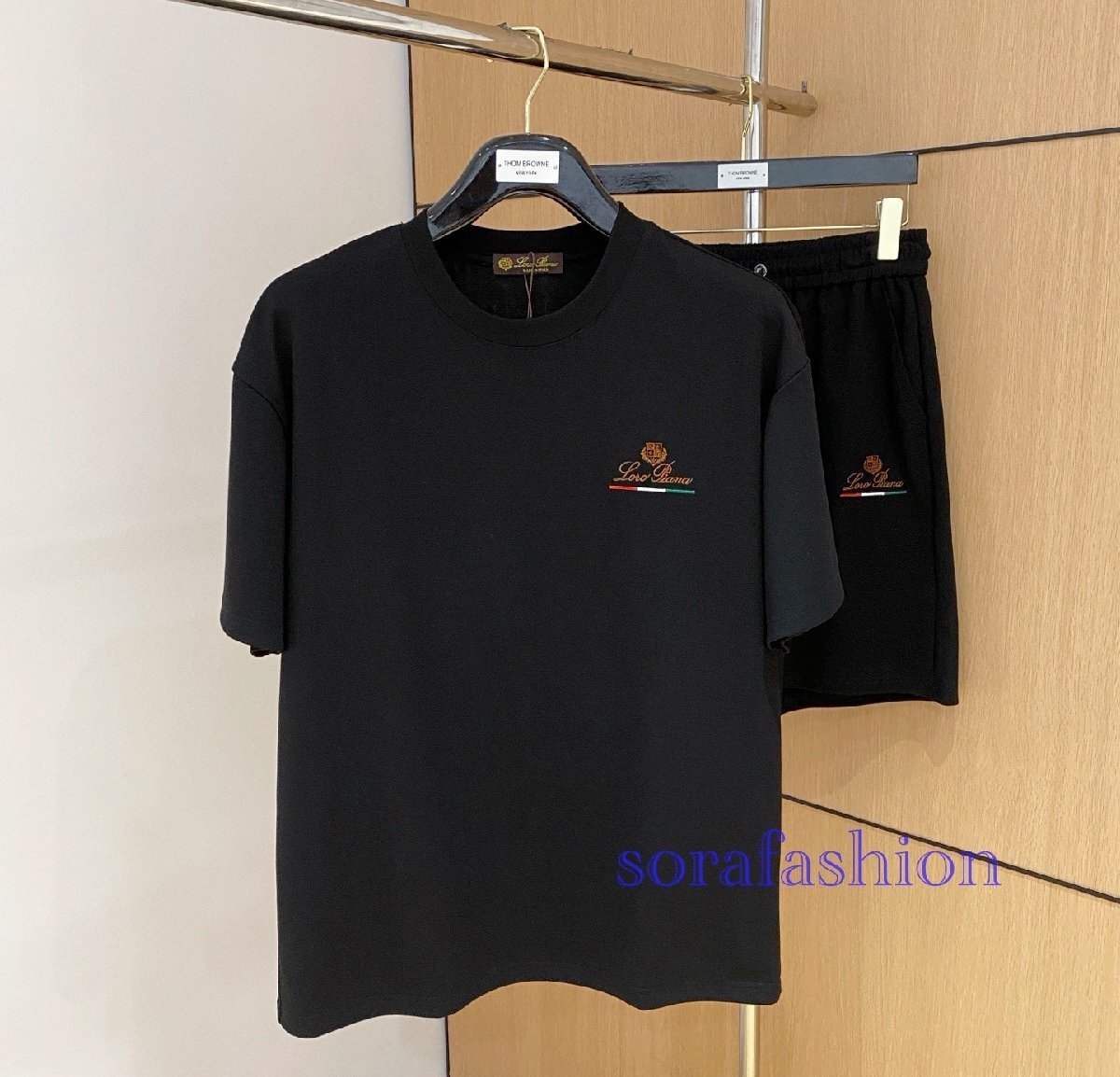 Loro Piana ロロピアーナ メンズセットアップ 上下2点セット 半袖T-シャツ スウェット L スポーツウェア 丸首 短パン ショートパンツ 綿拍卖