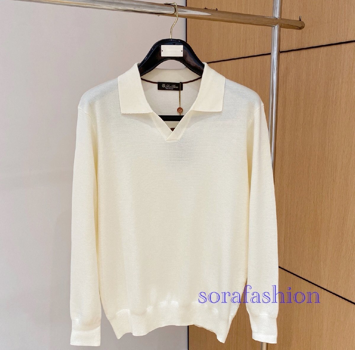 Loro Piana ロロピアーナ メンズニットポロシャツ 長袖T-シャツ ホワイト 48サイズ トップス ニットカットソー コットン 無地 シンプル拍卖