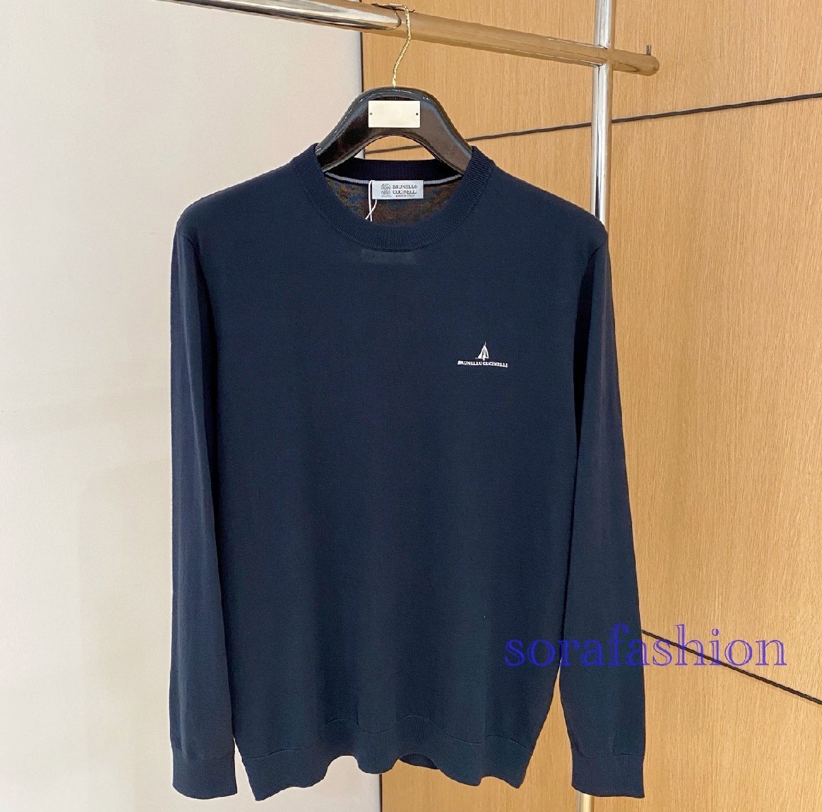 BRUNELLO CUCINELLI(ブルネロ クチネリ) メンズニットT-シャツ 長袖 トレーナー トップス ネイビー 50 丸首 クルーネック 無地 コットン拍卖