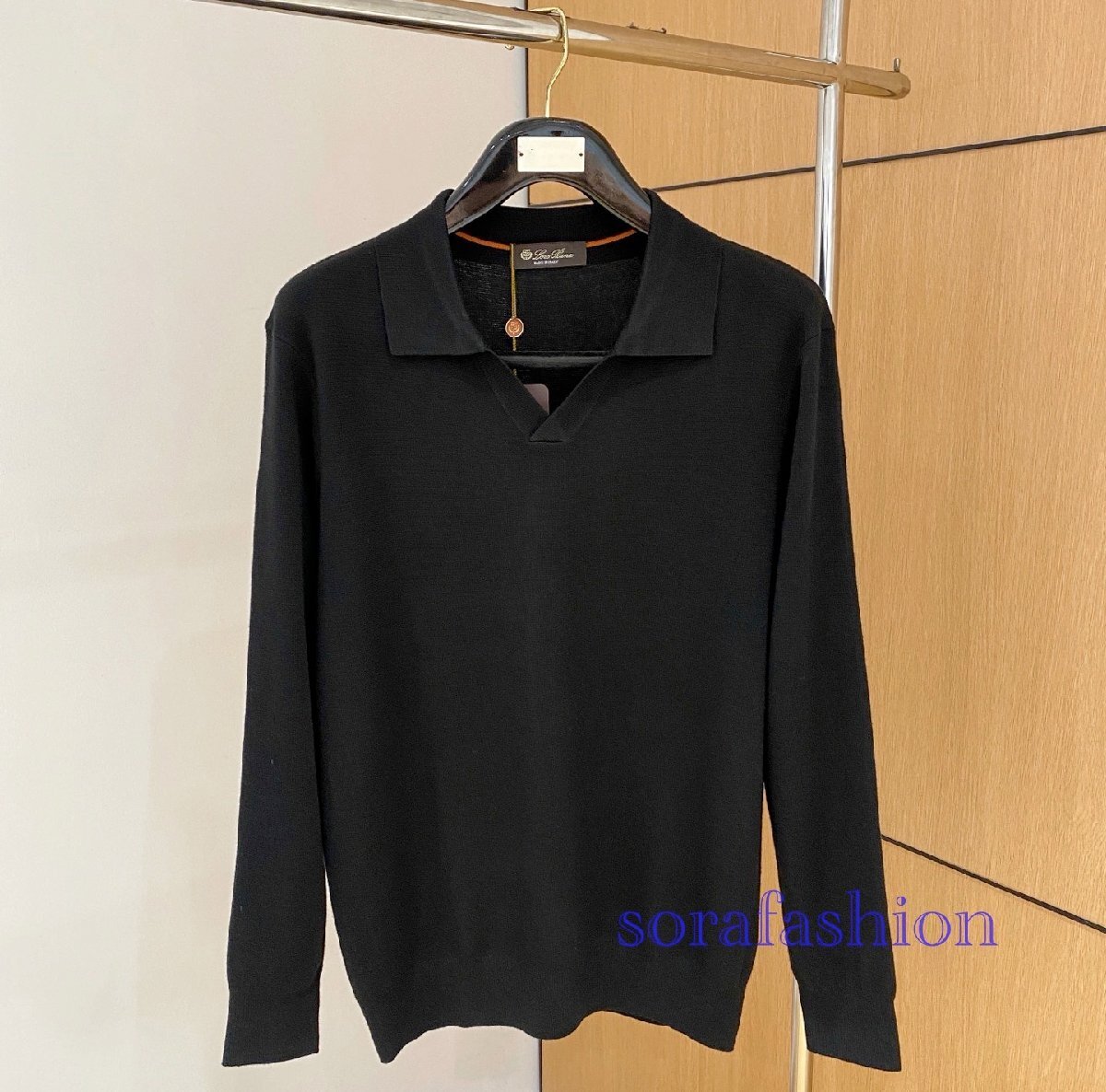 Loro Piana ロロピアーナ メンズニットポロシャツ 長袖T-シャツ ブラック 48サイズ トップス ニットカットソー コットン 無地 シンプル拍卖