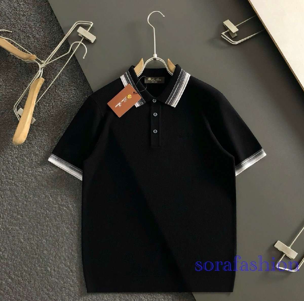 Loro Piana ロロピアーナ メンズニットポロT-シャツ 半袖t -シャツ ブラック XLサイズ トップス カットソー ウール 紳士服 シンプル拍卖