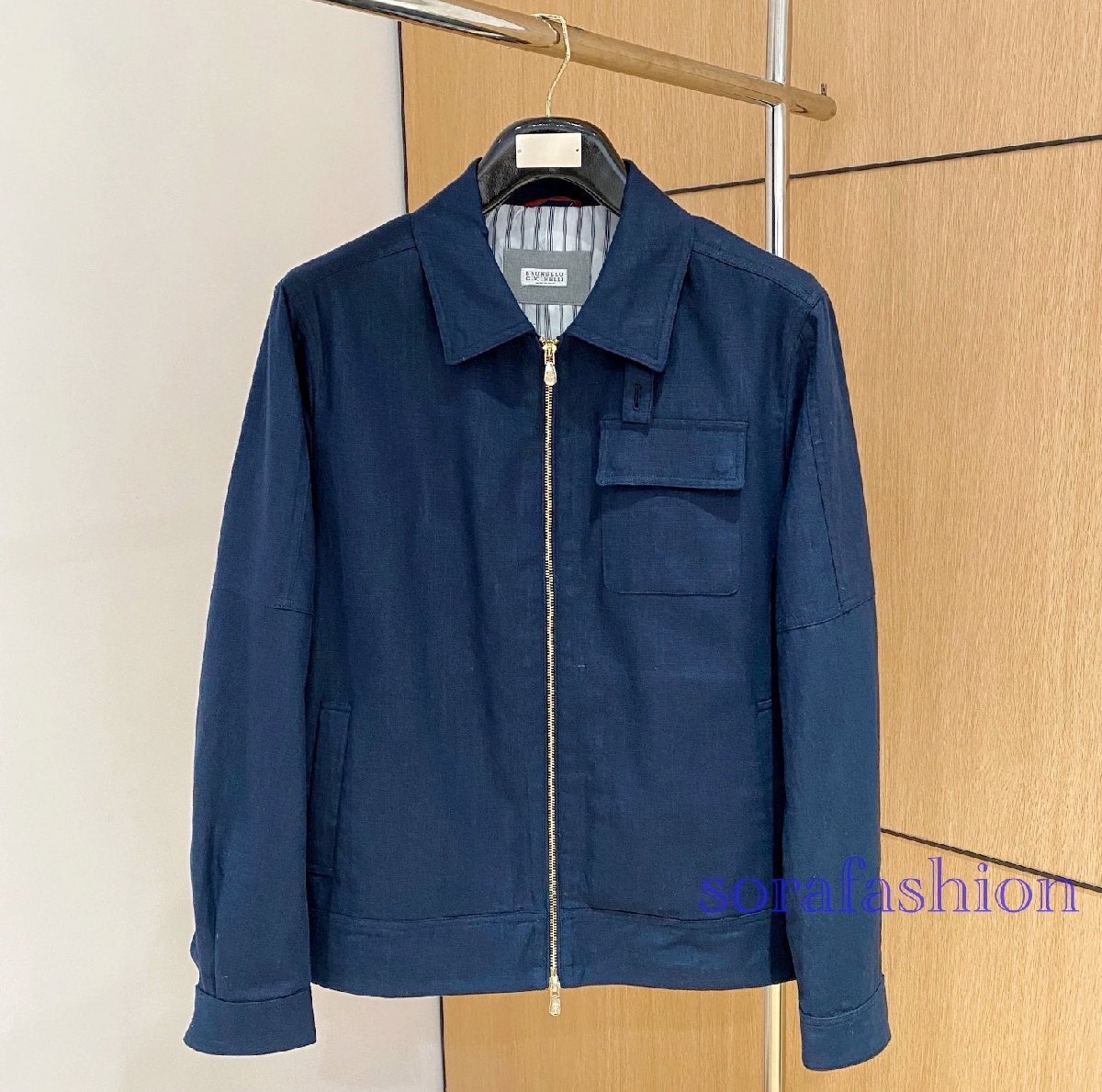 BRUNELLO CUCINELLIブルネロ クチネリ メンズリネンジャケット ジップアップブルゾン ネイビー 52サイズ ジャンパー アウター 紳士服 麻拍卖