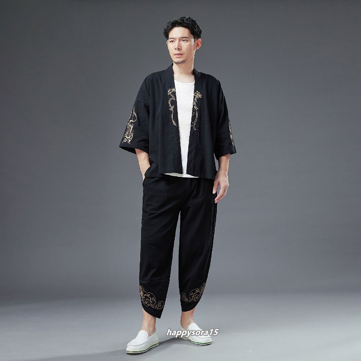 セットアップ メンズ 上下セット 2点セット 羽織 和式 甚平 綿麻 ルームウェア 部屋着 普段着  個性的 ブラック  M拍卖