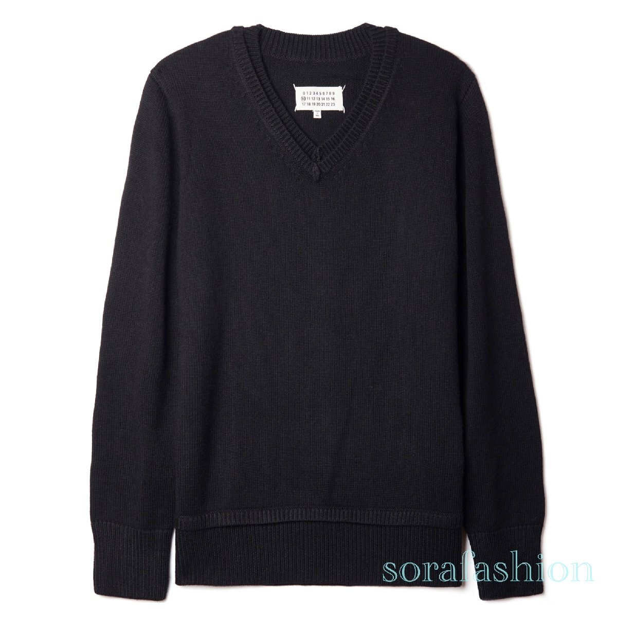 Maison Margiela メンズニットセーター ブラック Mサイズ 長袖 トップス カジュアル エルボーパッチ 丸襟 無地 クルーネック拍卖