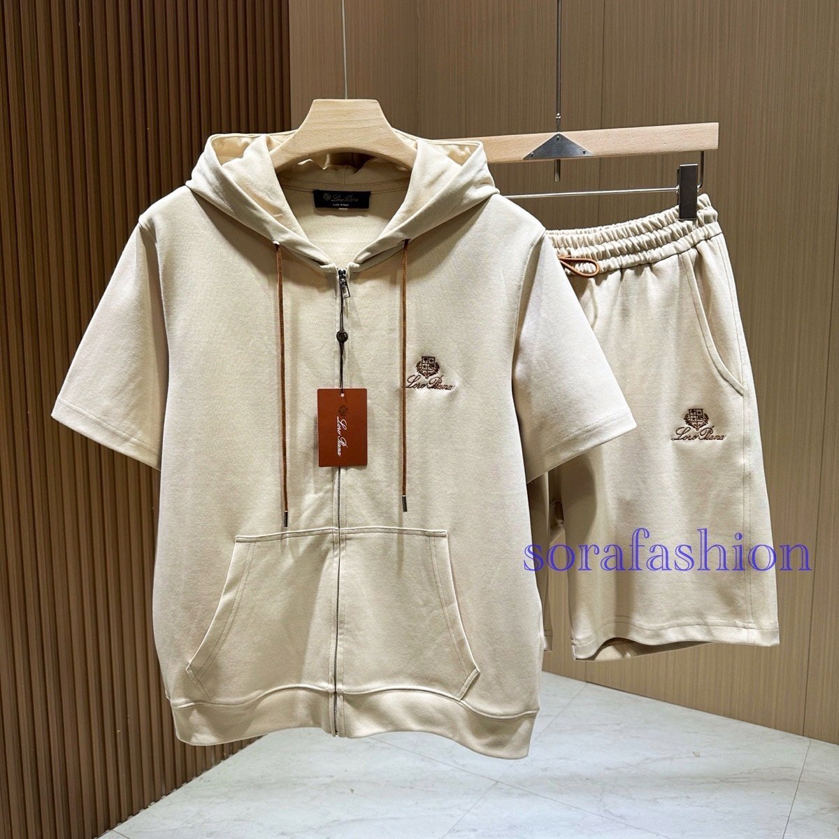 Loro Piana ロロピアーナ メンズ2点セットアップ カーキ XLサイズ ジップアップパーカー ショートパンツ スウェットウェア スポーツ夏服拍卖