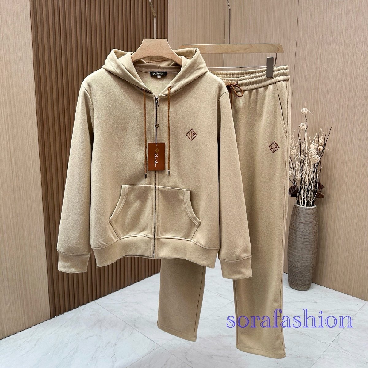 Loro Piana ロロピアーナ メンズセットアップ 上下2点セット カーキ 2XL ジップアップパーカー ロングパンツ スウェットウェア スポーツ拍卖