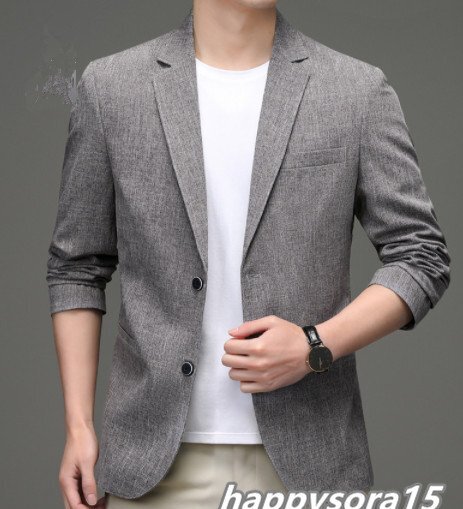 テーラードジャケット メンズ ブレザー ビジネスジャケット スリム 紳士服 新作 綿麻 春服 夏服 カジュアル ライトグレー 4XL拍卖