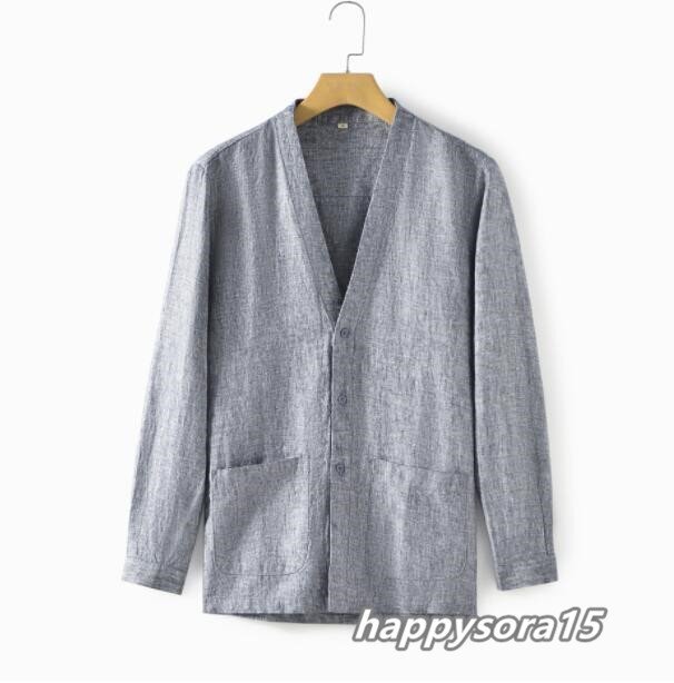リネンジャケット メンズ シャツ リネン 麻 春夏 紳士服 無地 アウター カジュアル グレー 2XL拍卖