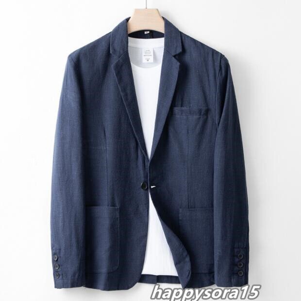テーラードジャケット メンズ ブレザー リネン 麻 春夏 紳士服 スーツ 無地 アウター ネイビー 2XL拍卖