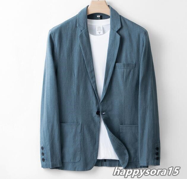 テーラードジャケット メンズ ブレザー リネン 麻 春夏 紳士服 スーツ 無地 アウター グリーン L拍卖